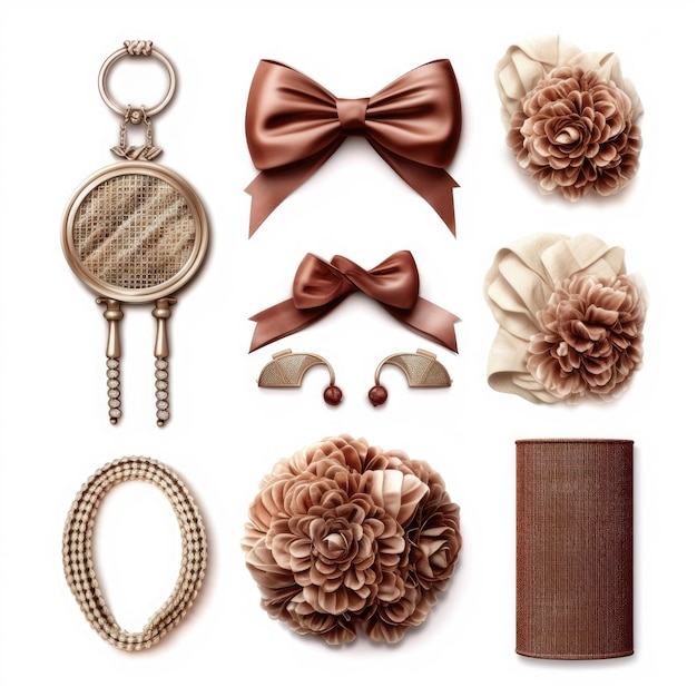 A collection of different items including flowers and a brown ribbon.