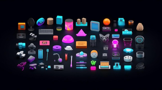 A collection of different items including a pink and blue neon light.