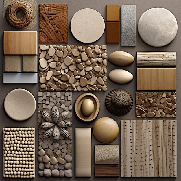 A collection of different materials including wood, stone, and stone.