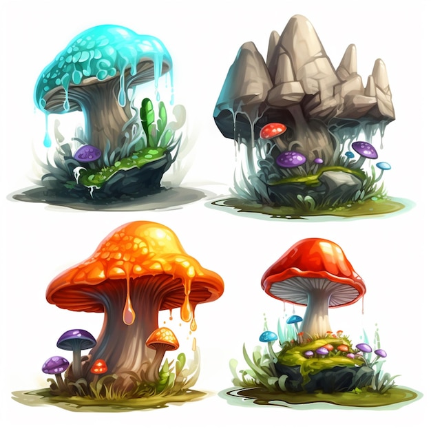Коллекция разных грибов разных цветов.