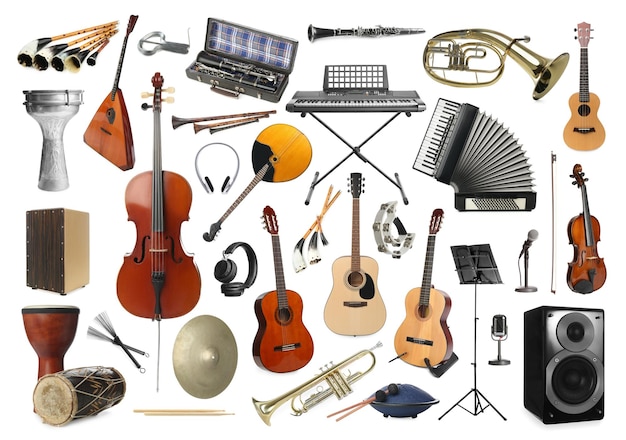 Photo collection of different musical instruments on white background