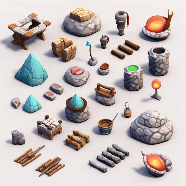 A collection of different objects including a fire pit, a set of different objects.