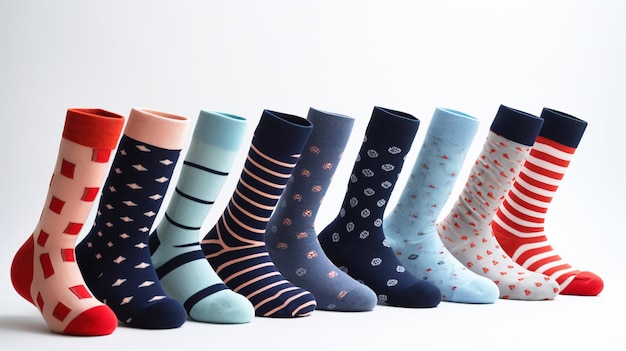 AIが生成した白い背景の並びの色の靴下の異なるパターンのコレクション