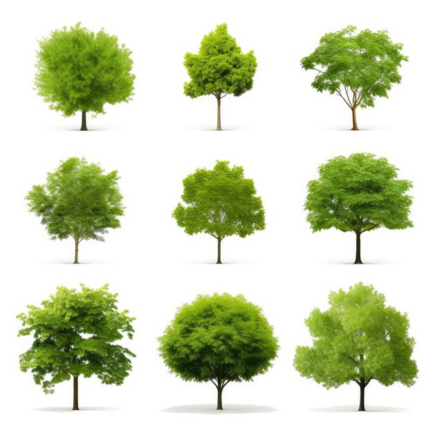 Photo collection of different tree species isolated on white
