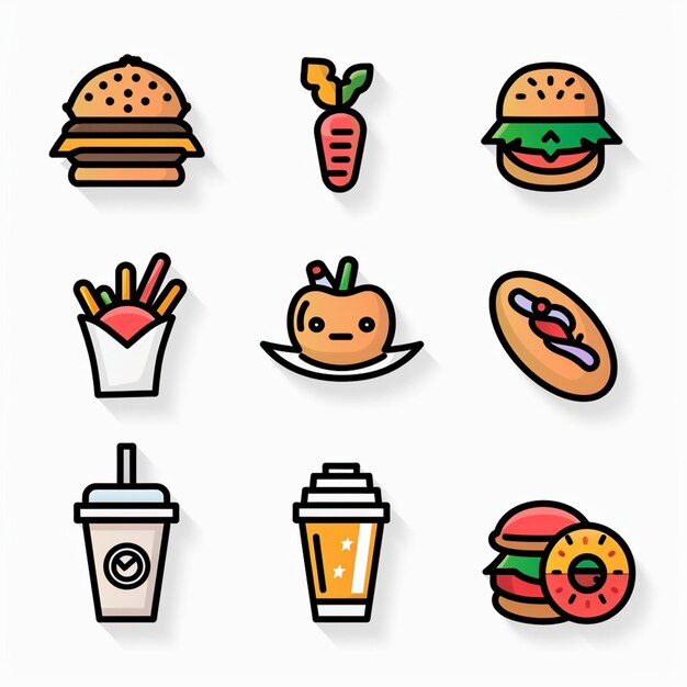 a collection of different types of food including burgers drinks and drinks