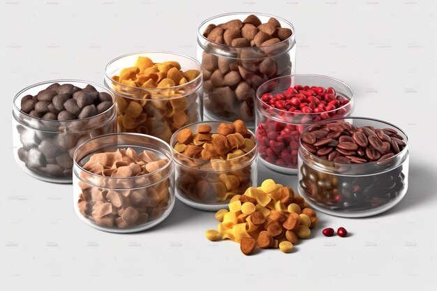 A collection of different types of food including chocolate, red and yellow