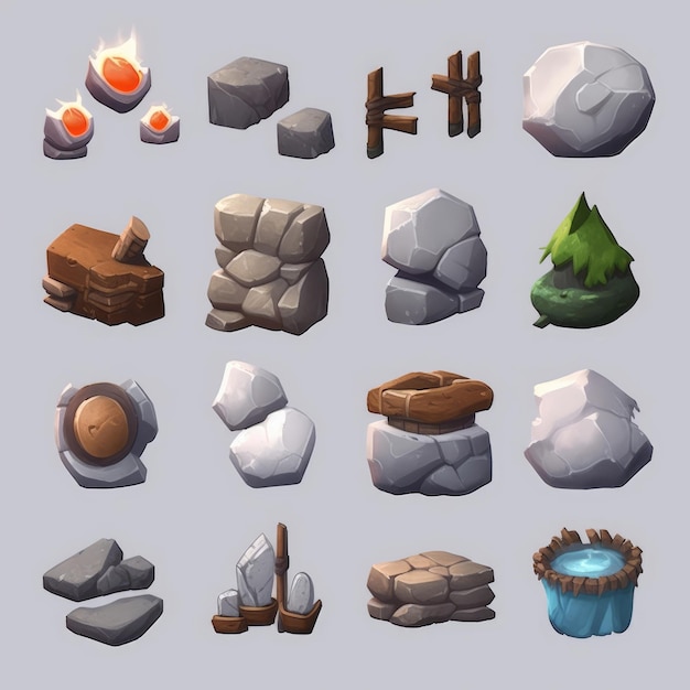 A collection of different types of objects including a rock, a box, and a box of rocks.