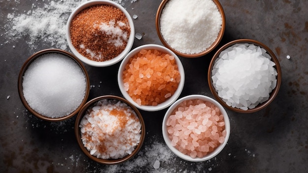 collection of different types of salt Top down view