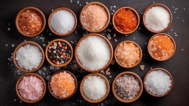 collection of different types of salt Top down view