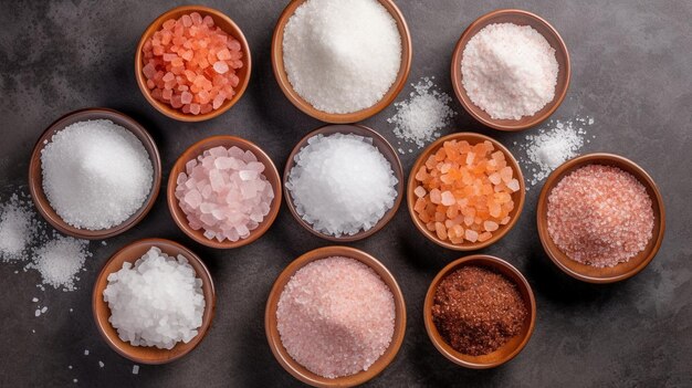 collection of different types of salt Top down view