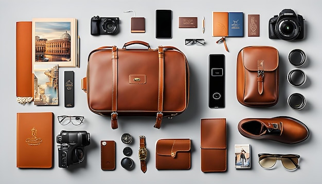a collection of different types of travel items including a camera a camera and a bag