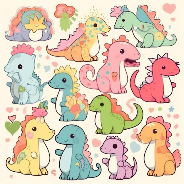 A collection of dinosaurs in pastel colors