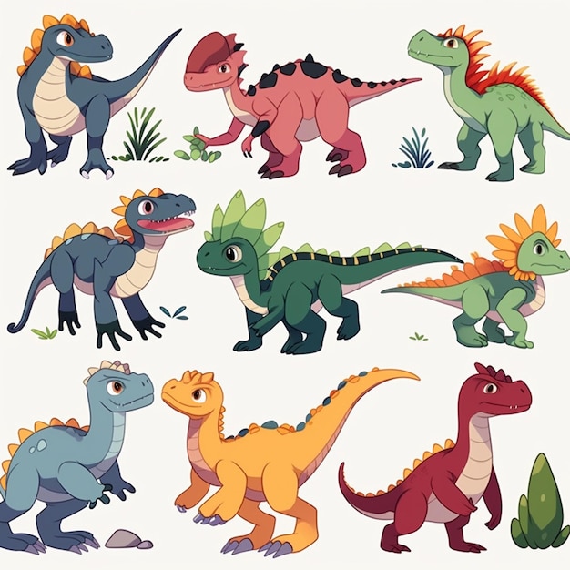 A collection of dinosaurs with different colors.