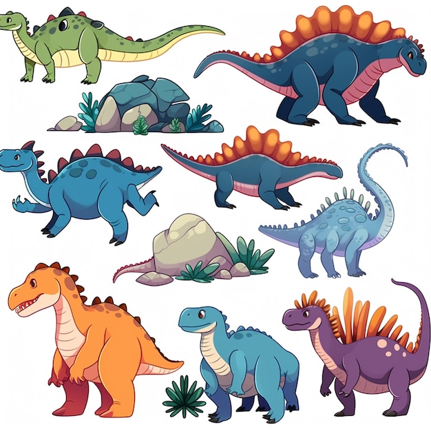 A collection of dinosaurs with different colors.