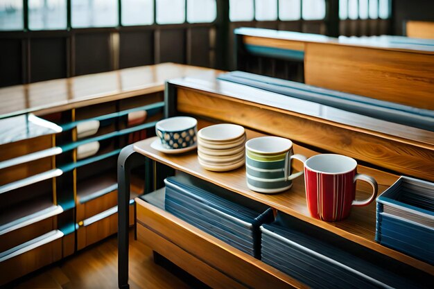 a collection of dishes on a shelf with a shelf above it.