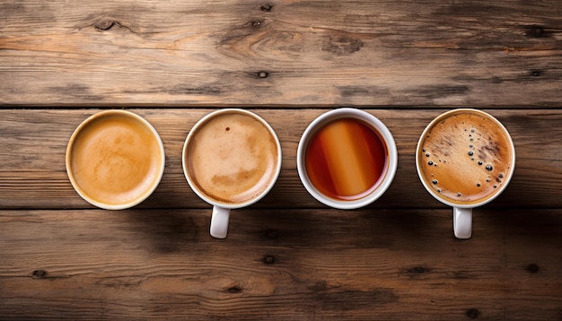 Collection of diverse coffee mugs arranged on a wooden table captured from an overhead perspective