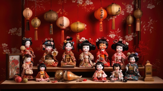 壁に中国語の文字が描かれた人形のコレクション
