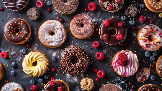 a collection of donuts with various flavors including raspberries raspberries and blueberries