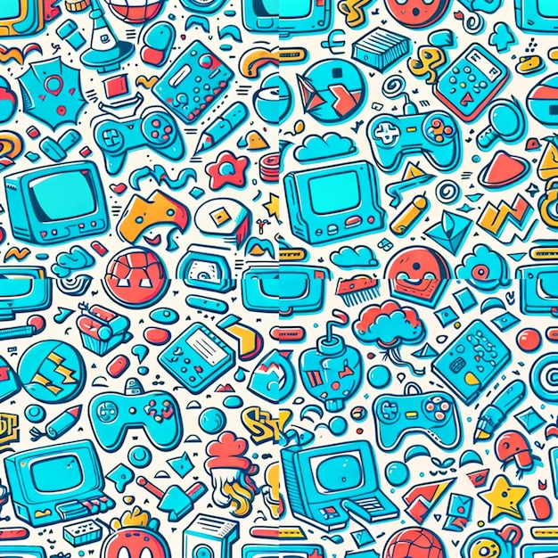 A collection of doodle style icons including video games, video games, video games, and more.