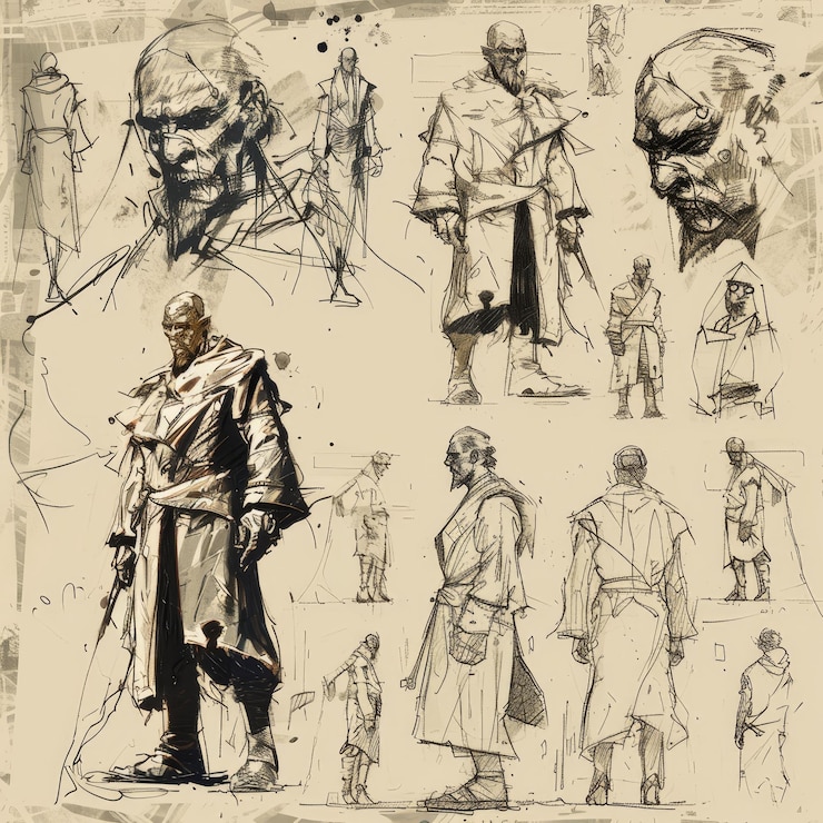 Photo a collection of drawings of a man and a woman with a sword