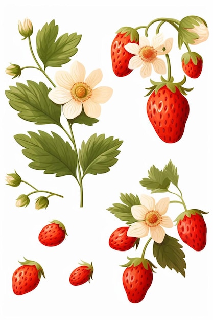 Photo a collection of drawings of strawberries and flowers