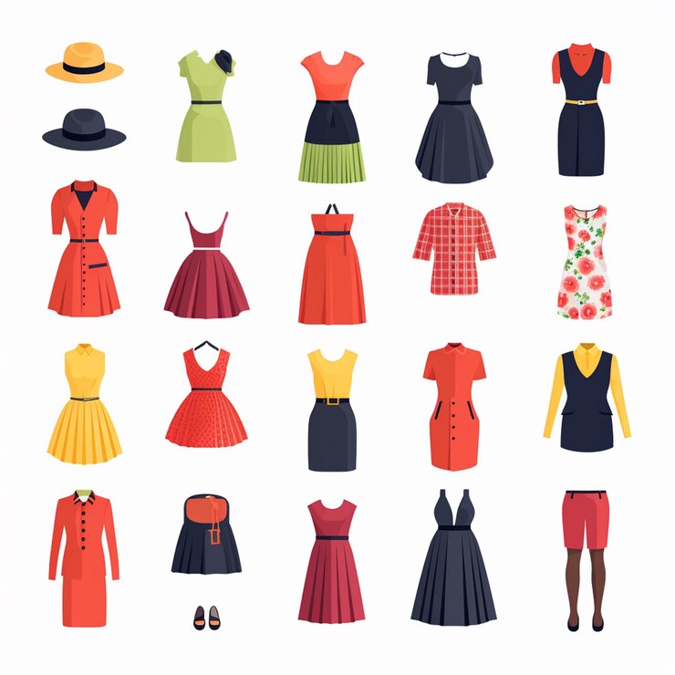 Photo a collection of dresses including one that says  the one with the red hat