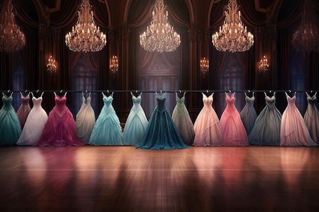 A collection of dresses on a stage in a ballroom