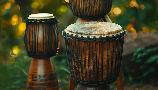 Photo a collection of drums and tambourines are displayed in a variety of sizes