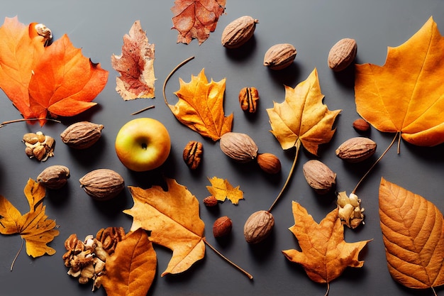 Collection of dry autumn fruitage and leaves 3d illustration