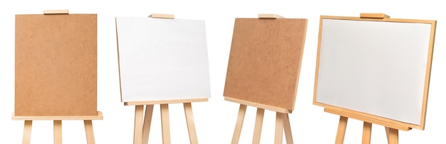 Collection easel empty for drawing isolated on white background Vertical and horizontal paper sheets Object set Wooden mock up Education school artist Creative concept and idea of art