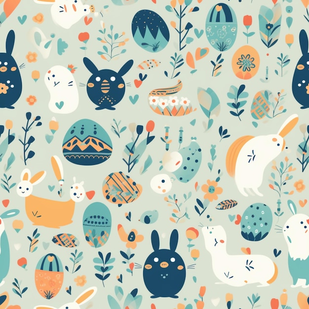 A collection of easter bunny and eggs on a light blue background.