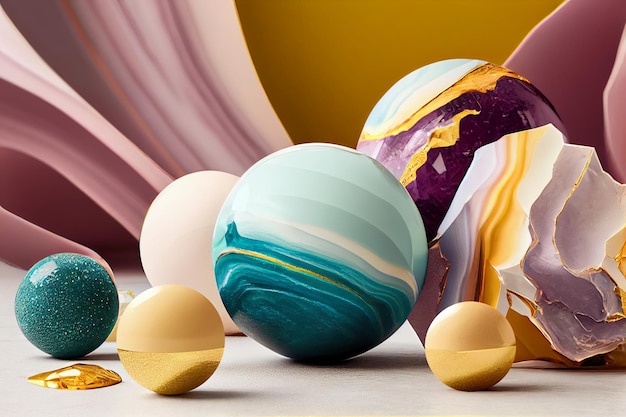 A collection of easter eggs on a table with a yellow background