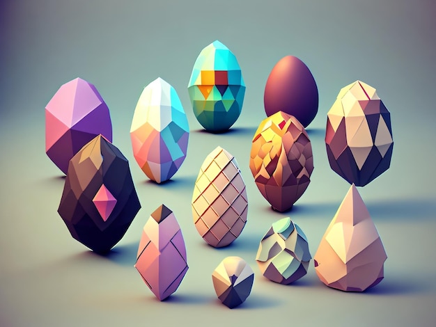 A collection of easter eggs with different shapes and colors.