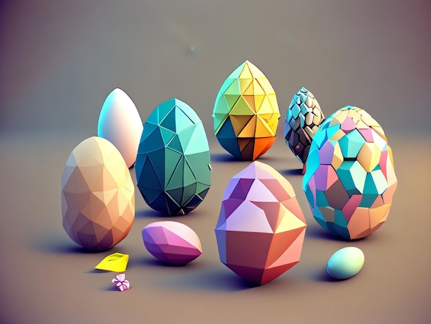 A collection of easter eggs with a yellow triangle on the top.