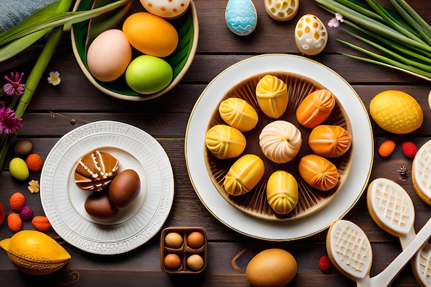 a collection of easter eggs on a wooden table with a bowl of eggs.