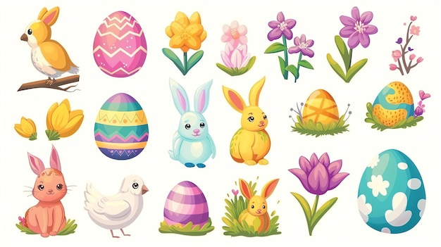 Foto una raccolta di illustrazioni a tema di pasqua tra cui conigli, pulcini, uova, fiori e piante