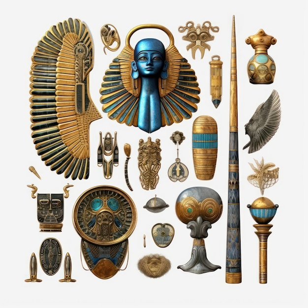 A collection of egyptian items including a statue of a man and a shield.