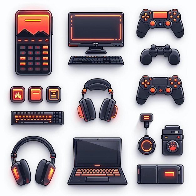 a collection of electronic devices including a game controller and a keyboard