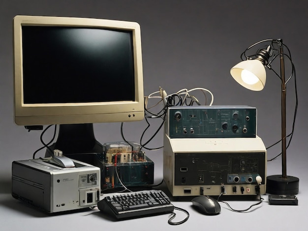 Photo a collection of electronics monitor a mouse and a lamp