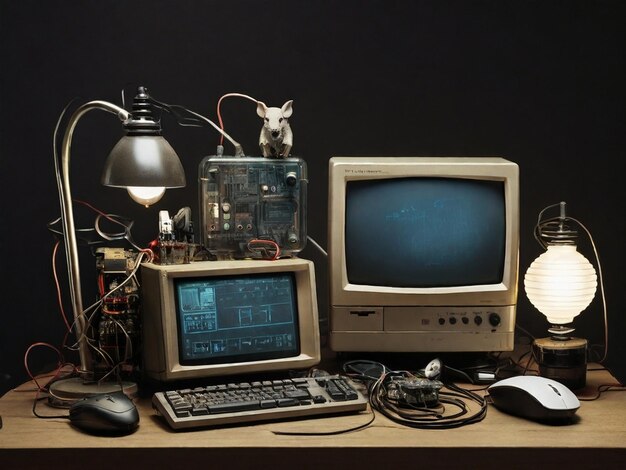 Photo a collection of electronics monitor a mouse and a lamp