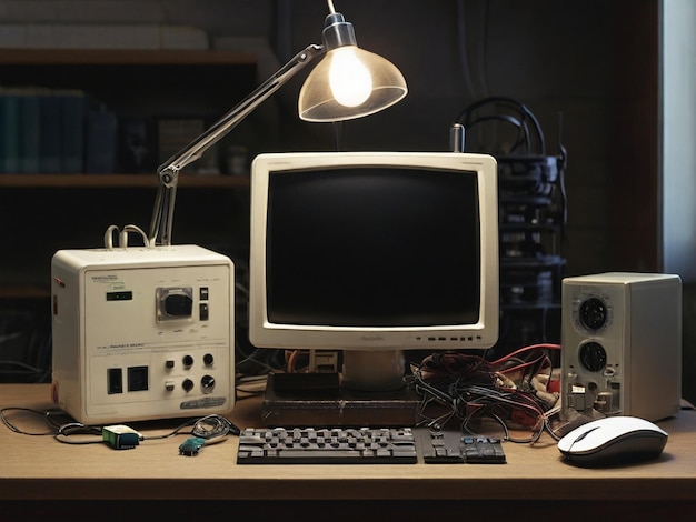 Foto una collezione di monitor elettronici un mouse e una lampada