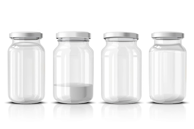 Photo collection of empty jars isolated on white background