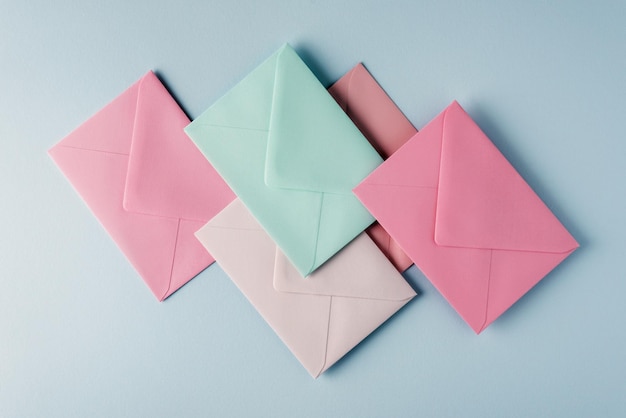 Collection of envelopes in pastel colors on a light blue background