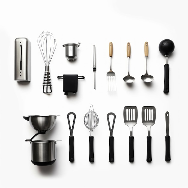 Photo collection of essential kitchen utensils and tools isolated