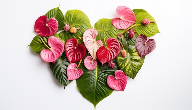 Collection of exotic anthuriums with their hear isolated white background