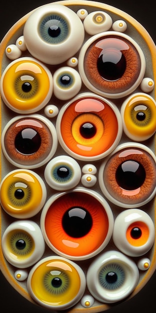 A collection of eyes with different colors and black, yellow, and orange.