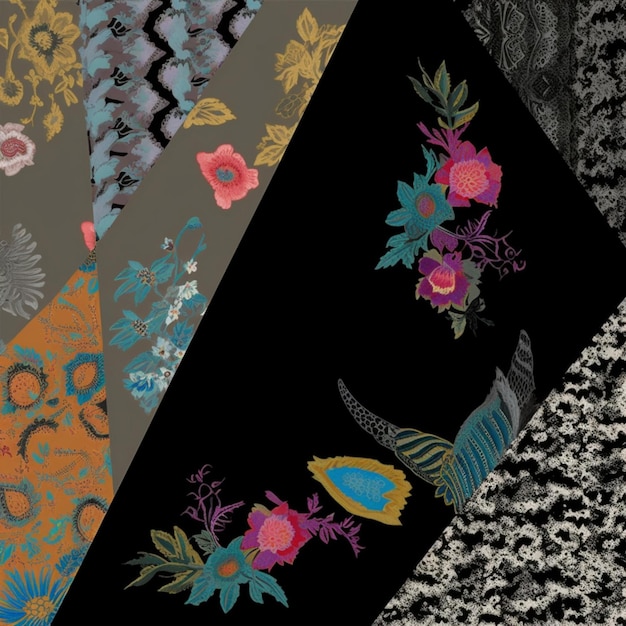 A collection of fabric with a pattern of birds and flowers.