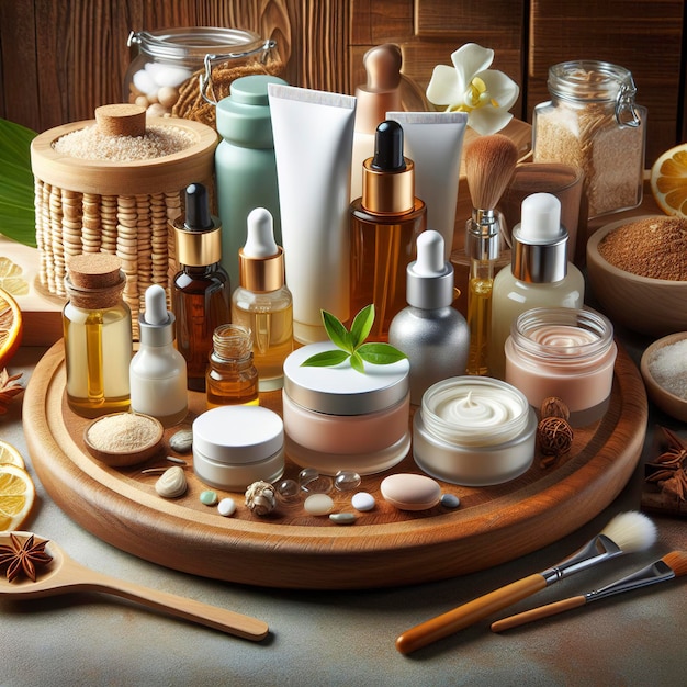 Collection of face care products displayed on the wooden tray podium