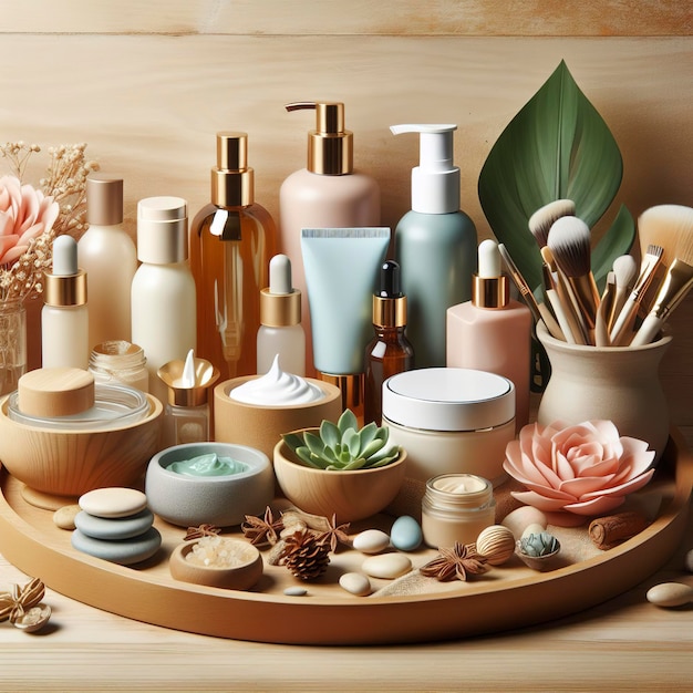 Collection of face care products displayed on the wooden tray podium