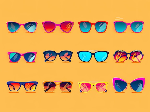 Photo collection of fashionable sunglasses in various designs and colors presented on a bright and vibrant